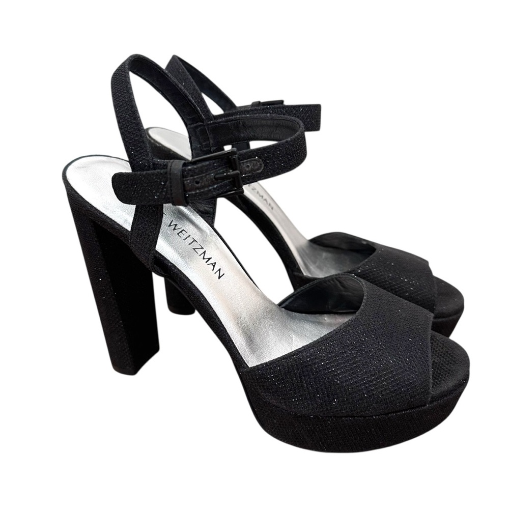 Stuart Weitzman Black Glitter Sashay Platform Sandals Size 7.5